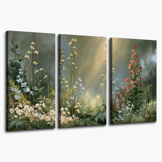 White and red woodland flowers rising in a softly lit green forest clearing 3 piece canvas wall art on a white background
