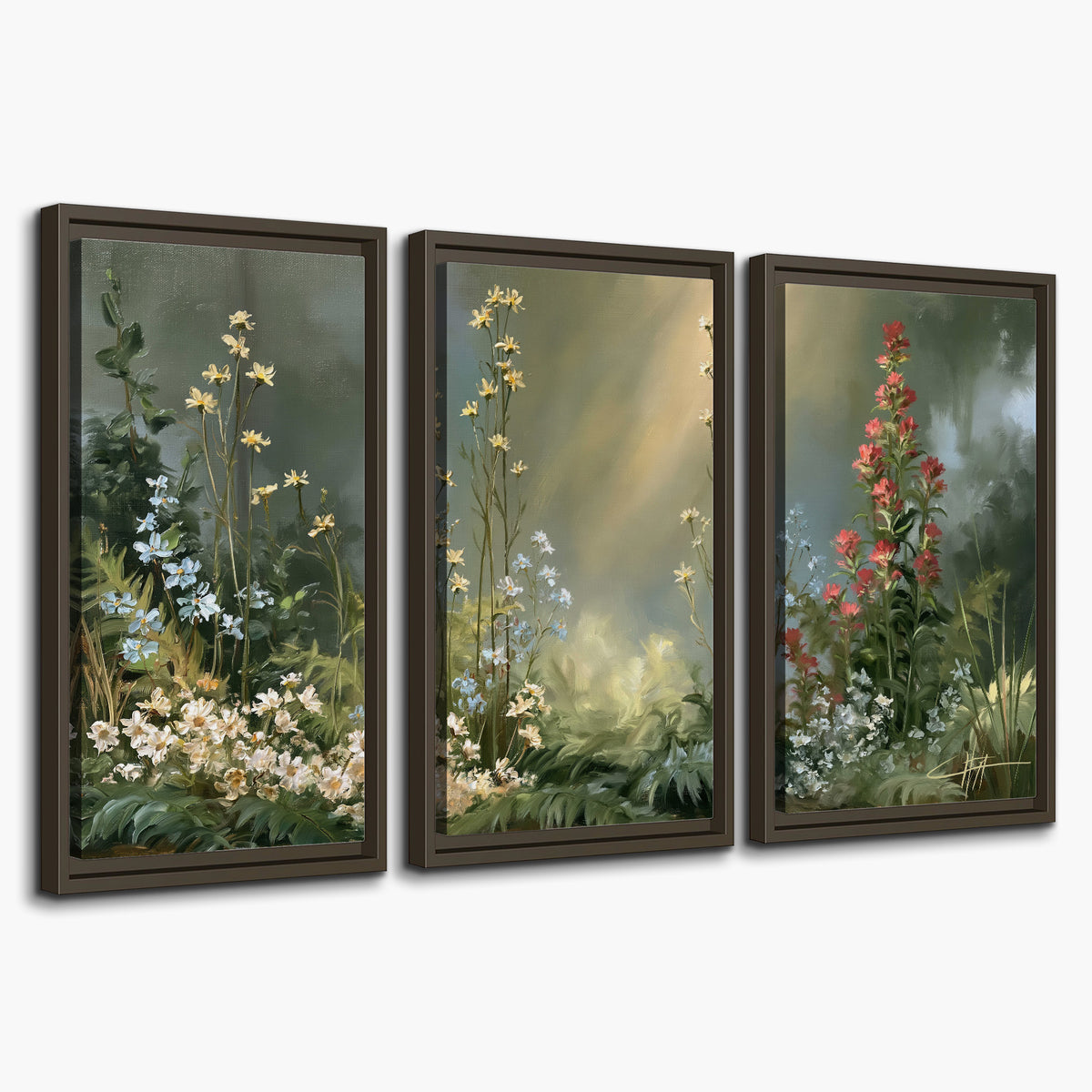 White and red woodland flowers rising in a softly lit green forest clearing 3 piece framed canvas wall art on a white background