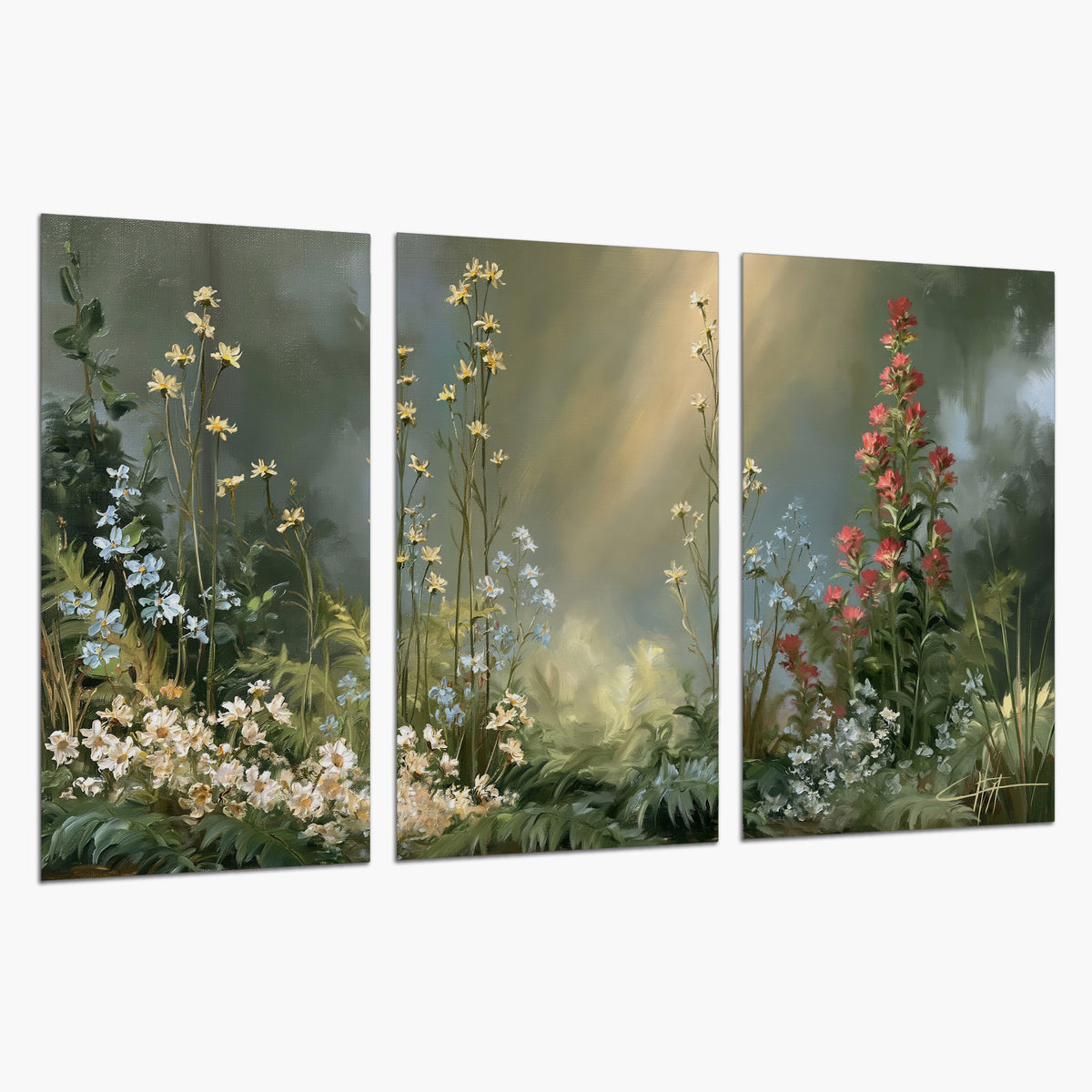 White and red woodland flowers rising in a softly lit green forest clearing set of 3 poster prints on a white background
