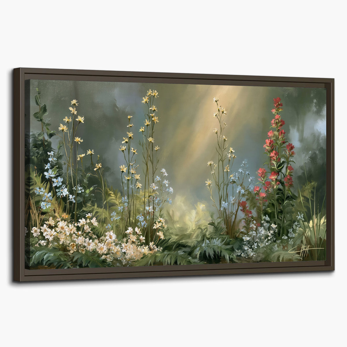 White and red woodland flowers rising in a softly lit green forest clearing single framed canvas wall art on a white background
