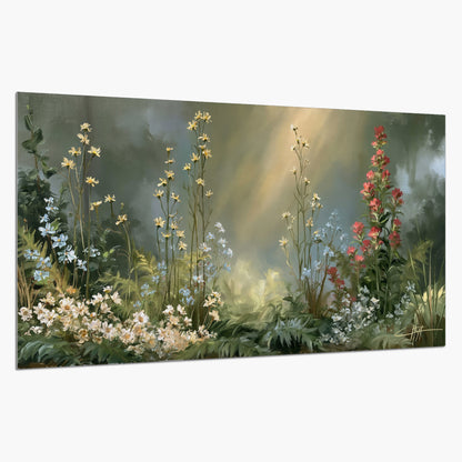 White and red woodland flowers rising in a softly lit green forest clearing single poster print on a white background