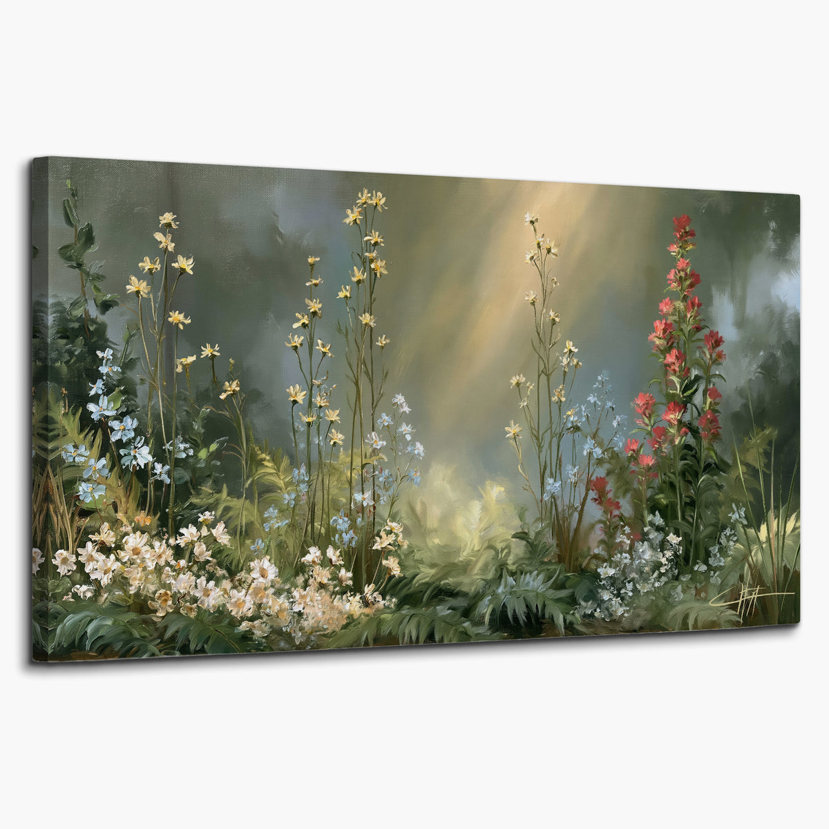White and red woodland flowers rising in a softly lit green forest clearing single canvas wall art on a white background