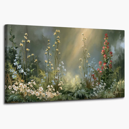 White and red woodland flowers rising in a softly lit green forest clearing single canvas wall art on a white background