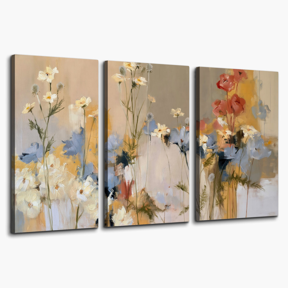 Loose white and yellow flowers set against vertical blue and golden strokes 3 piece canvas wall art on a white background