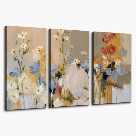 Loose white and yellow flowers set against vertical blue and golden strokes 3 piece canvas wall art on a white background