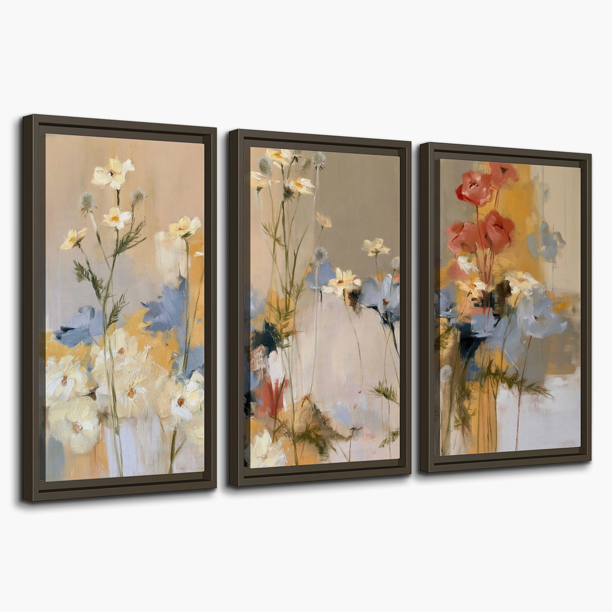 Loose white and yellow flowers set against vertical blue and golden strokes 3 piece framed canvas wall art on a white background