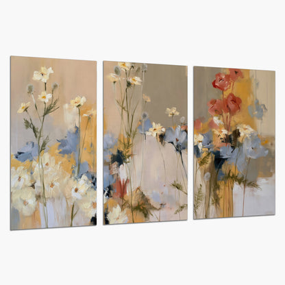 Loose white and yellow flowers set against vertical blue and golden strokes set of 3 poster prints on a white background