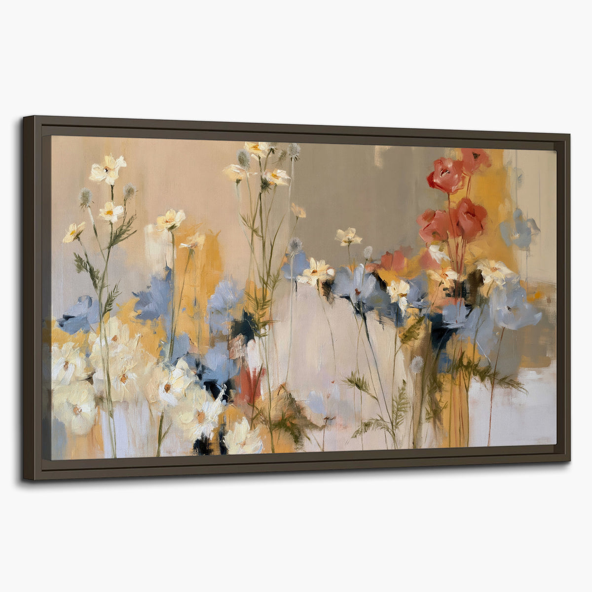 Loose white and yellow flowers set against vertical blue and golden strokes single framed canvas wall art on a white background