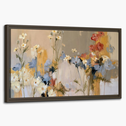 Loose white and yellow flowers set against vertical blue and golden strokes single framed canvas wall art on a white background