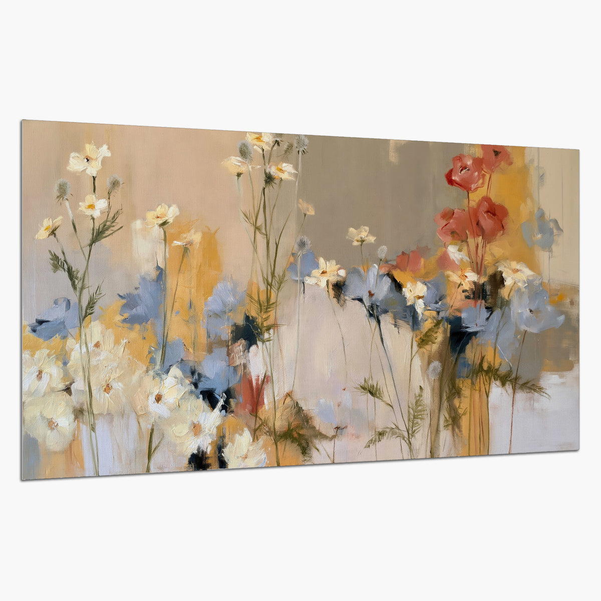 Loose white and yellow flowers set against vertical blue and golden strokes single poster print on a white background