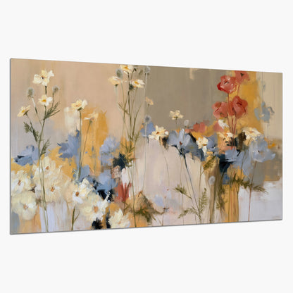 Loose white and yellow flowers set against vertical blue and golden strokes single poster print on a white background