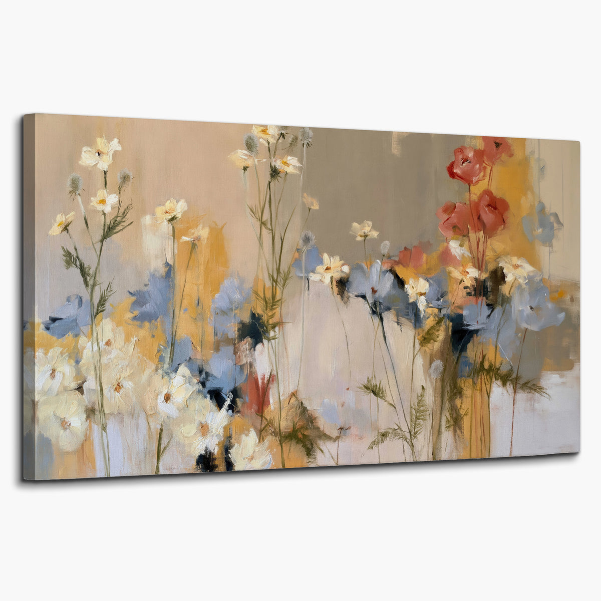 Loose white and yellow flowers set against vertical blue and golden strokes single canvas wall art on a white background