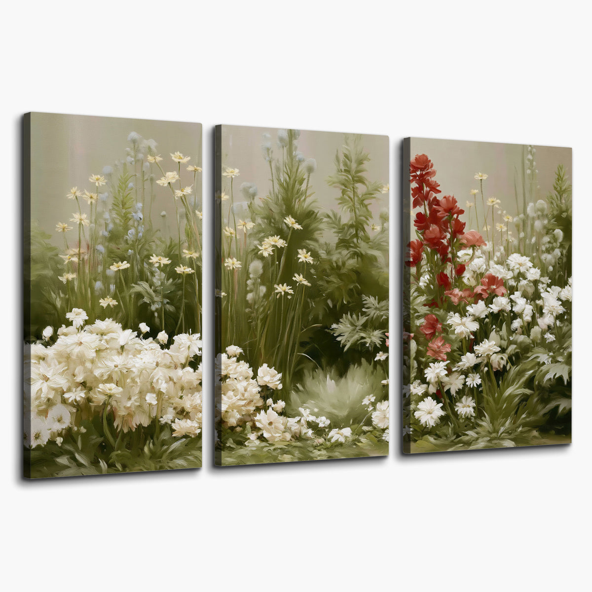 A soft meadow of white daisies and tall red blooms against a green background 3 piece canvas wall art on a white background