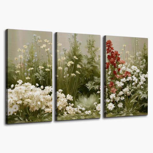 A soft meadow of white daisies and tall red blooms against a green background 3 piece canvas wall art on a white background