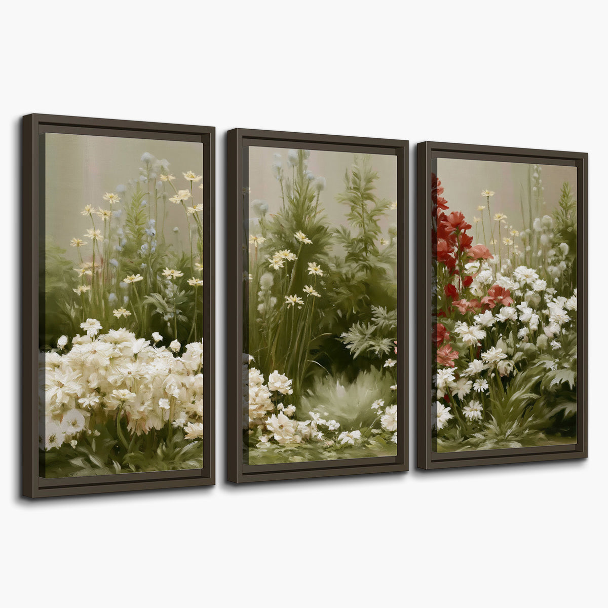 A soft meadow of white daisies and tall red blooms against a green background 3 piece framed canvas wall art on a white background
