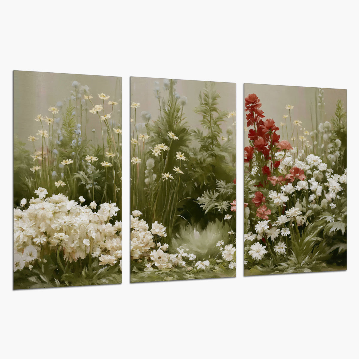 A soft meadow of white daisies and tall red blooms against a green background set of 3 poster prints on a white background