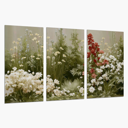A soft meadow of white daisies and tall red blooms against a green background set of 3 poster prints on a white background