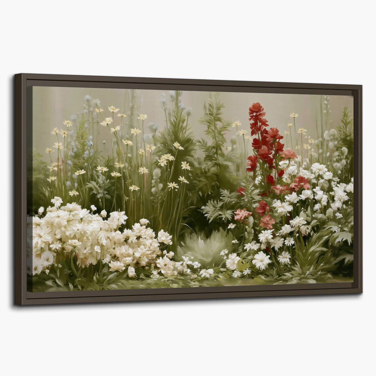 A soft meadow of white daisies and tall red blooms against a green background single framed canvas wall art on a white background