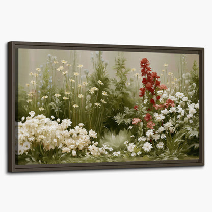 A soft meadow of white daisies and tall red blooms against a green background single framed canvas wall art on a white background