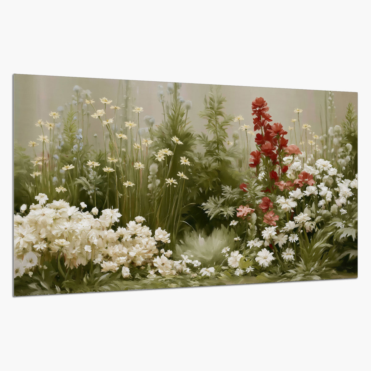 A soft meadow of white daisies and tall red blooms against a green background single poster print on a white background