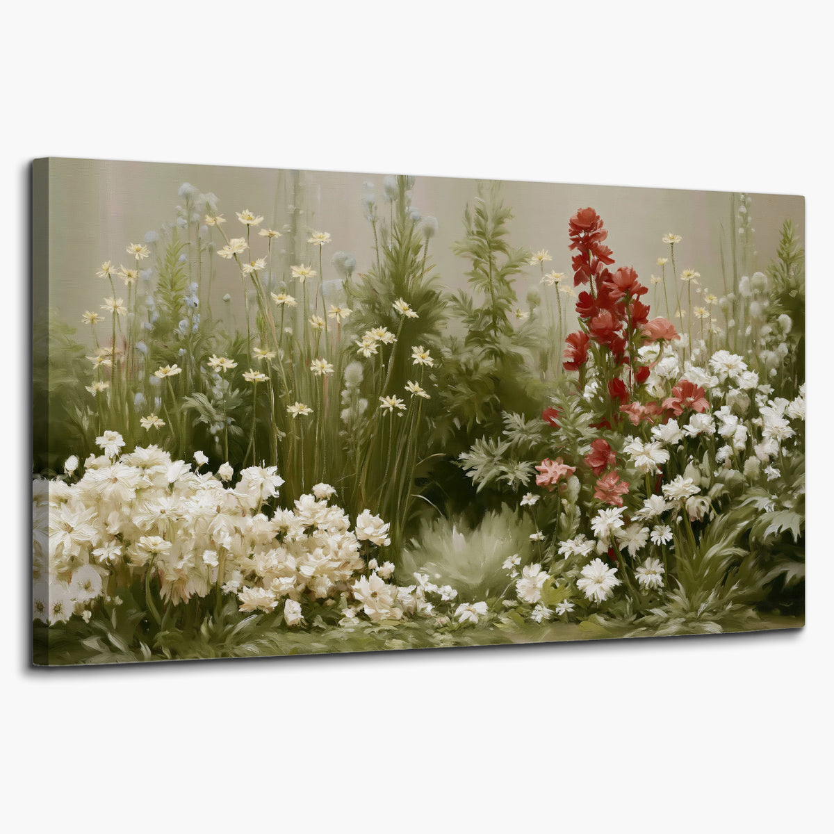 A soft meadow of white daisies and tall red blooms against a green background single canvas wall art on a white background