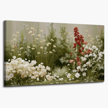 A soft meadow of white daisies and tall red blooms against a green background single canvas wall art on a white background