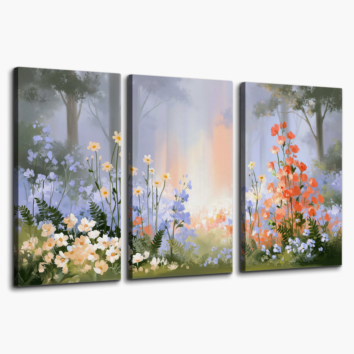 Colorful white, blue and orange flowers beneath a warm shaft of woodland light 3 piece canvas wall art on a white background