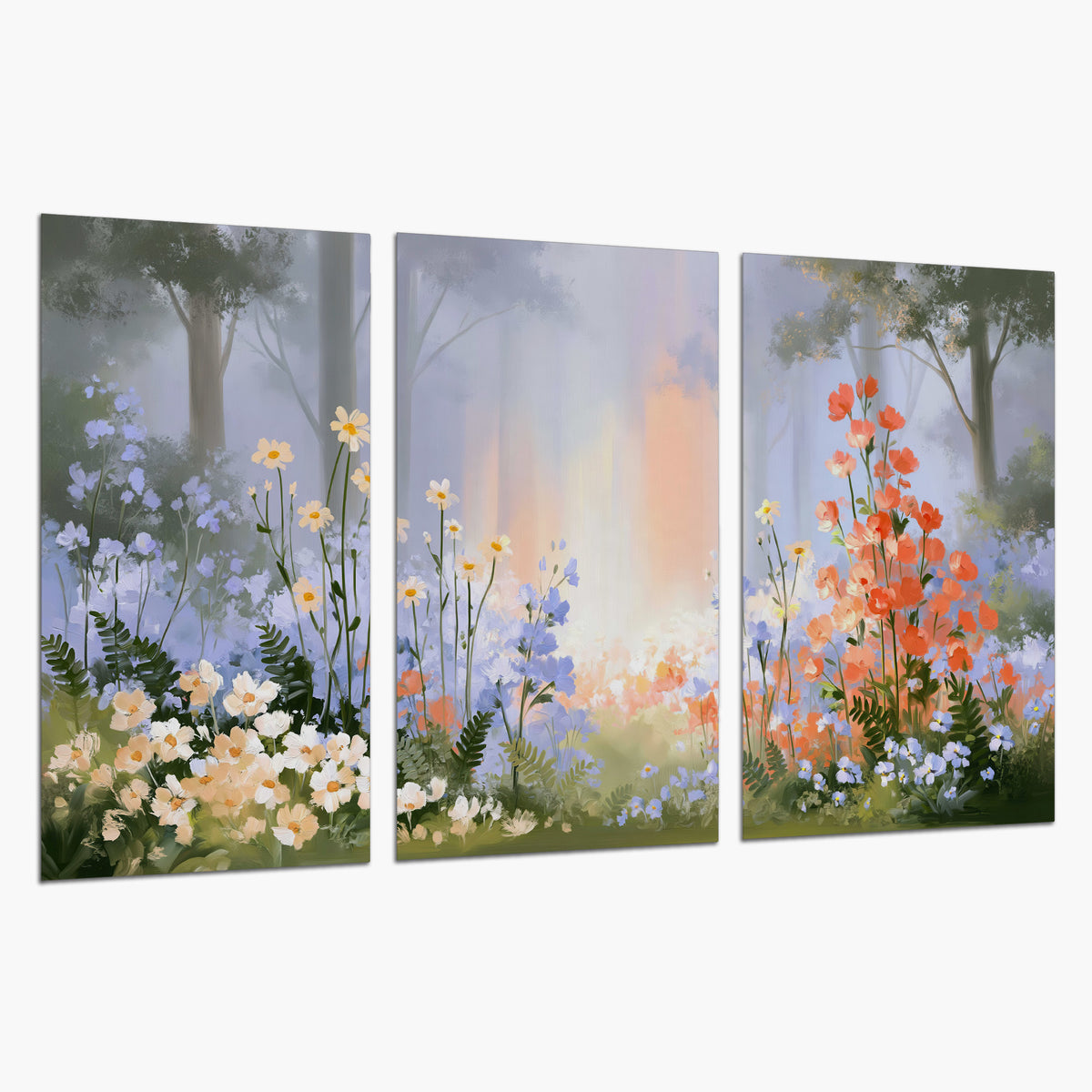 Colorful white, blue and orange flowers beneath a warm shaft of woodland light set of 3 poster prints on a white background