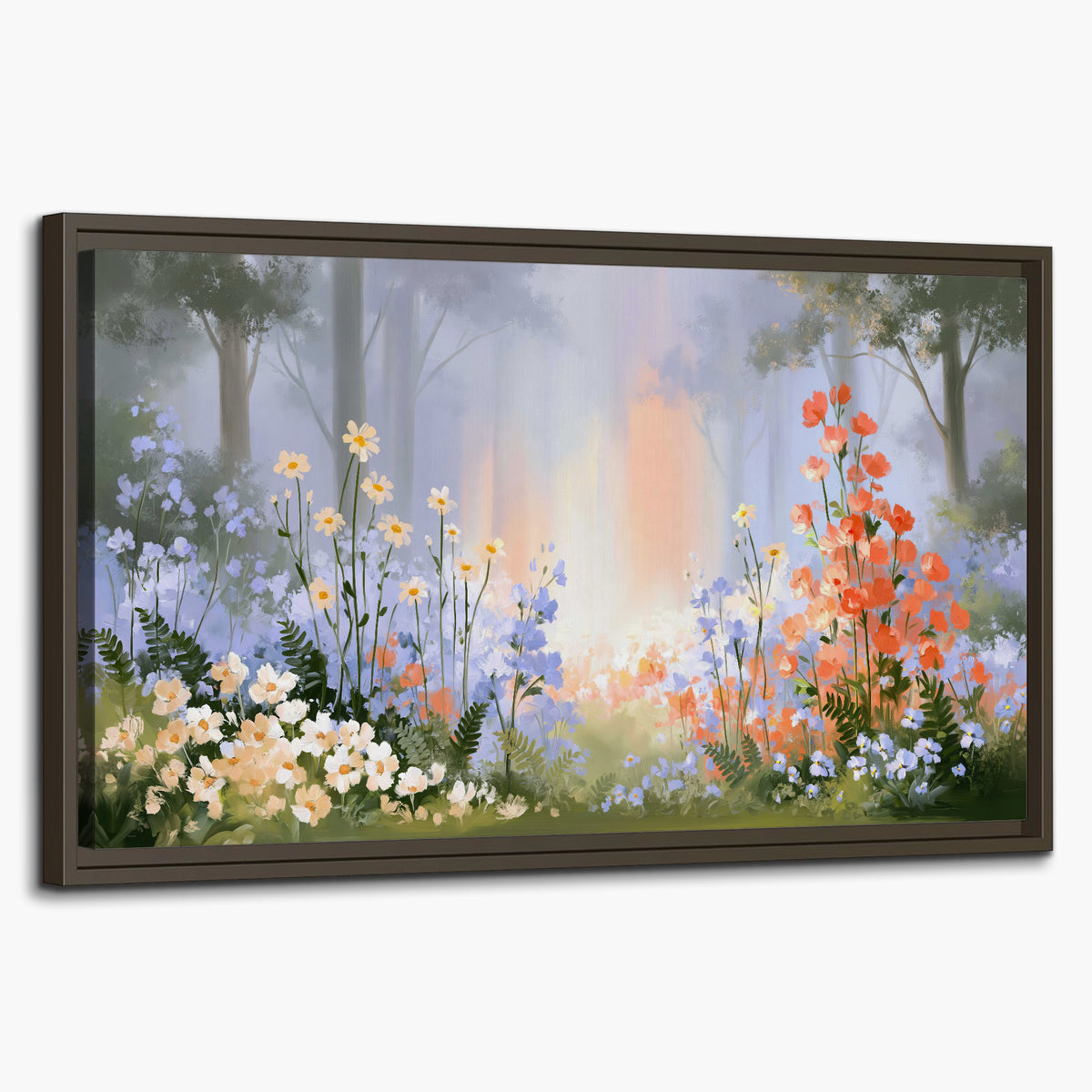 Colorful white, blue and orange flowers beneath a warm shaft of woodland light single framed canvas wall art on a white background