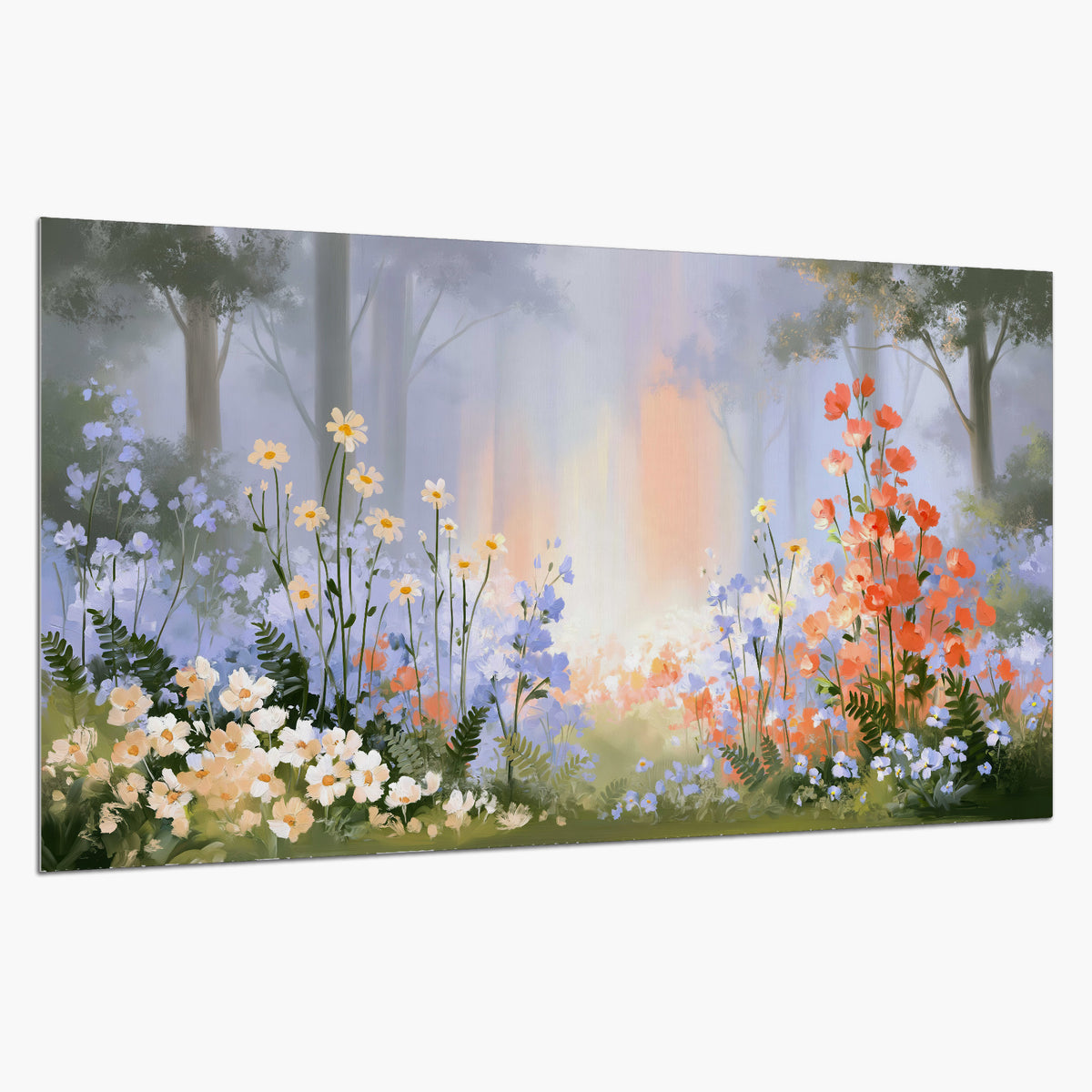 Colorful white, blue and orange flowers beneath a warm shaft of woodland light single poster print on a white background