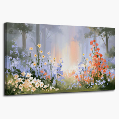 Colorful white, blue and orange flowers beneath a warm shaft of woodland light single canvas wall art on a white background