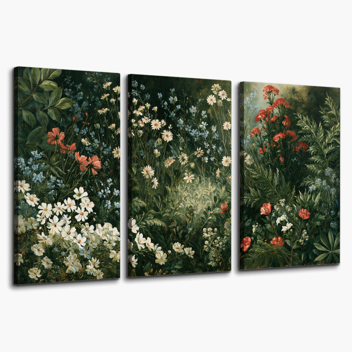 Small white flowers and red blossoms among deep green woodland leaves 3 piece canvas wall art on a white background