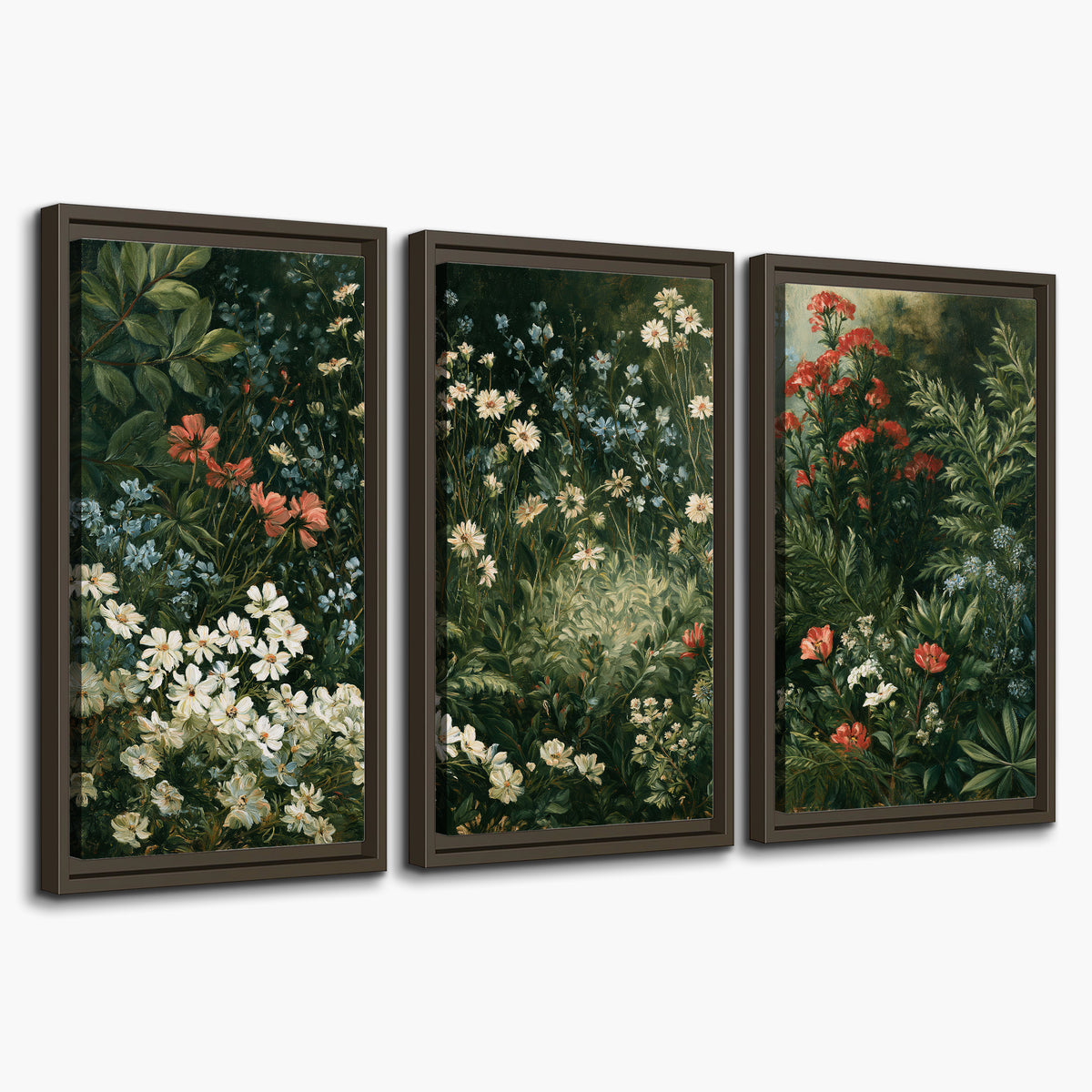 Small white flowers and red blossoms among deep green woodland leaves 3 piece framed canvas wall art on a white background