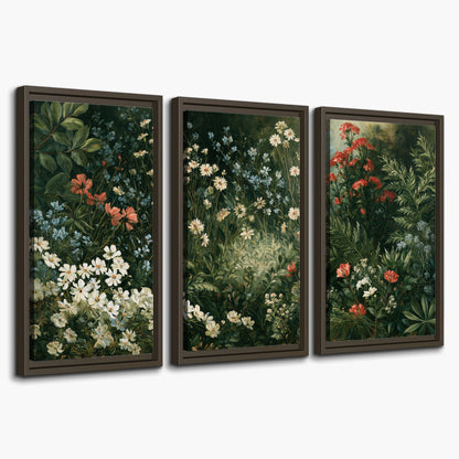 Small white flowers and red blossoms among deep green woodland leaves 3 piece framed canvas wall art on a white background