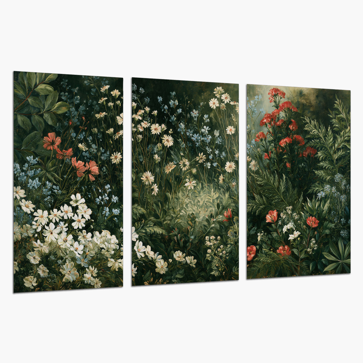 Small white flowers and red blossoms among deep green woodland leaves set of 3 poster prints on a white background