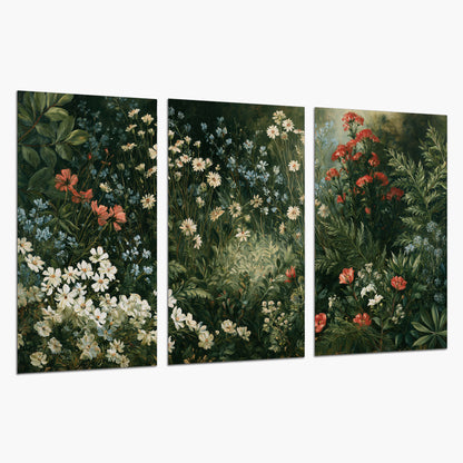 Small white flowers and red blossoms among deep green woodland leaves set of 3 poster prints on a white background