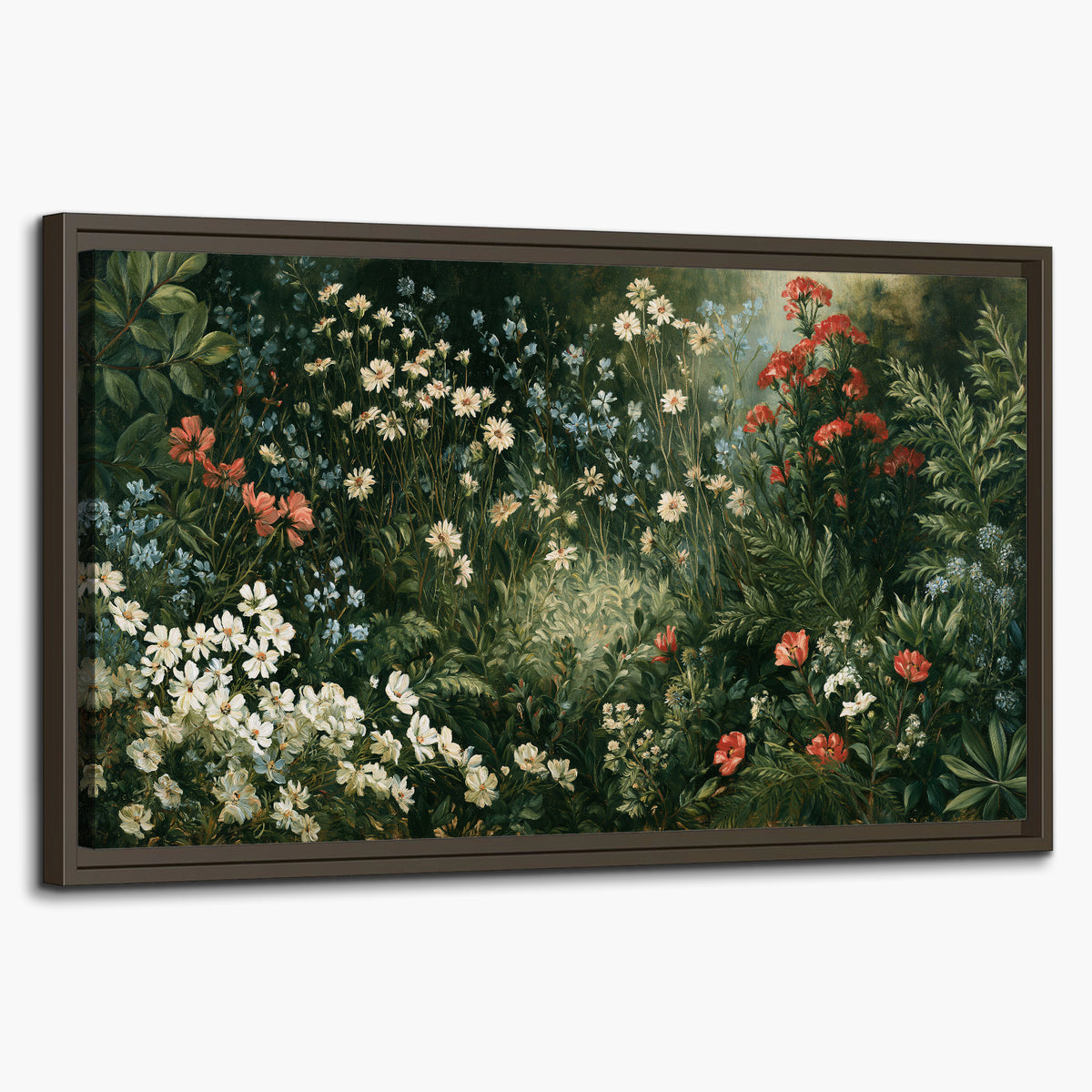 Small white flowers and red blossoms among deep green woodland leaves single framed canvas wall art on a white background
