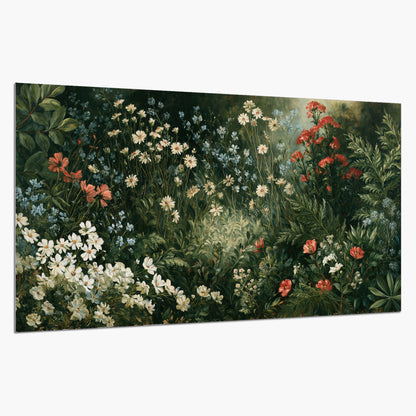 Small white flowers and red blossoms among deep green woodland leaves single poster print on a white background