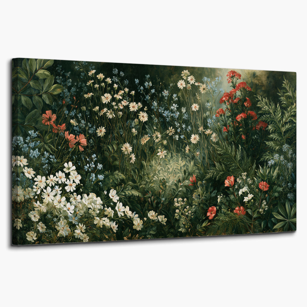 Small white flowers and red blossoms among deep green woodland leaves single canvas wall art on a white background