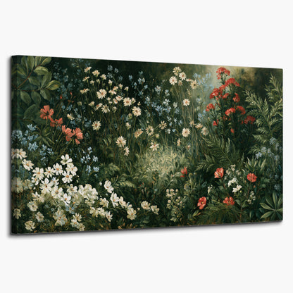 Small white flowers and red blossoms among deep green woodland leaves single canvas wall art on a white background