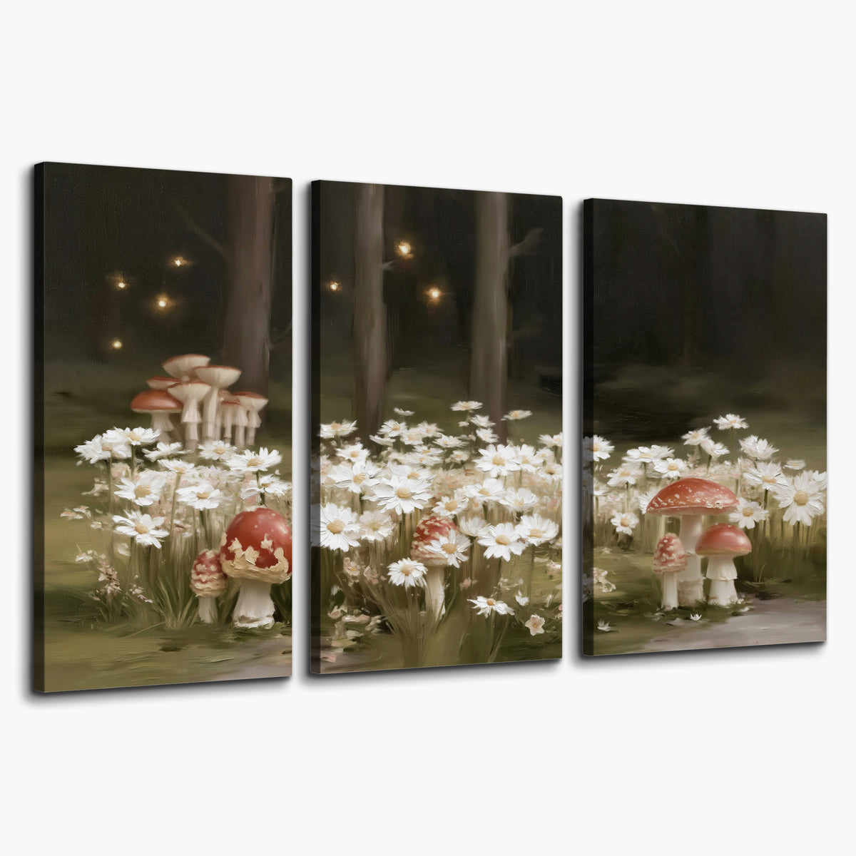 Pale daisies and red-capped mushrooms in a dark meadow with tiny painted points of light 3 piece canvas wall art on a white background