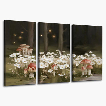 Pale daisies and red-capped mushrooms in a dark meadow with tiny painted points of light 3 piece canvas wall art on a white background