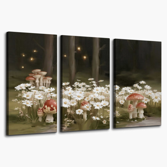 Pale daisies and red-capped mushrooms in a dark meadow with tiny painted points of light 3 piece canvas wall art on a white background
