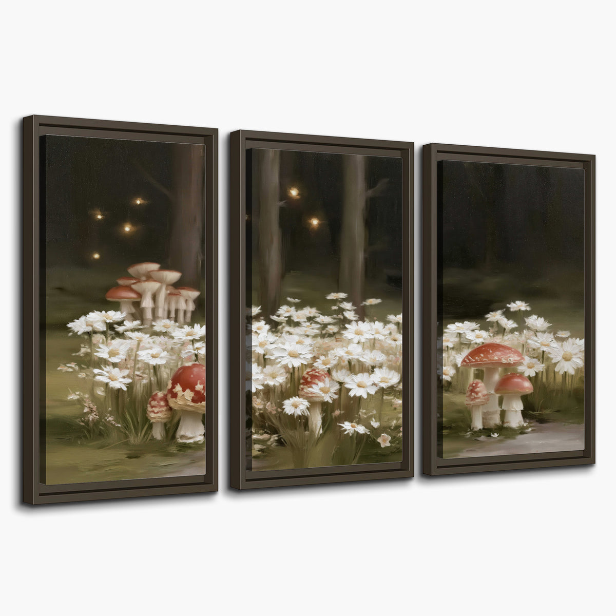 Pale daisies and red-capped mushrooms in a dark meadow with tiny painted points of light 3 piece framed canvas wall art on a white background
