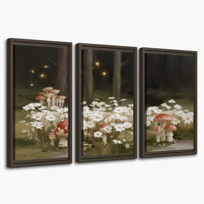 Pale daisies and red-capped mushrooms in a dark meadow with tiny painted points of light 3 piece framed canvas wall art on a white background