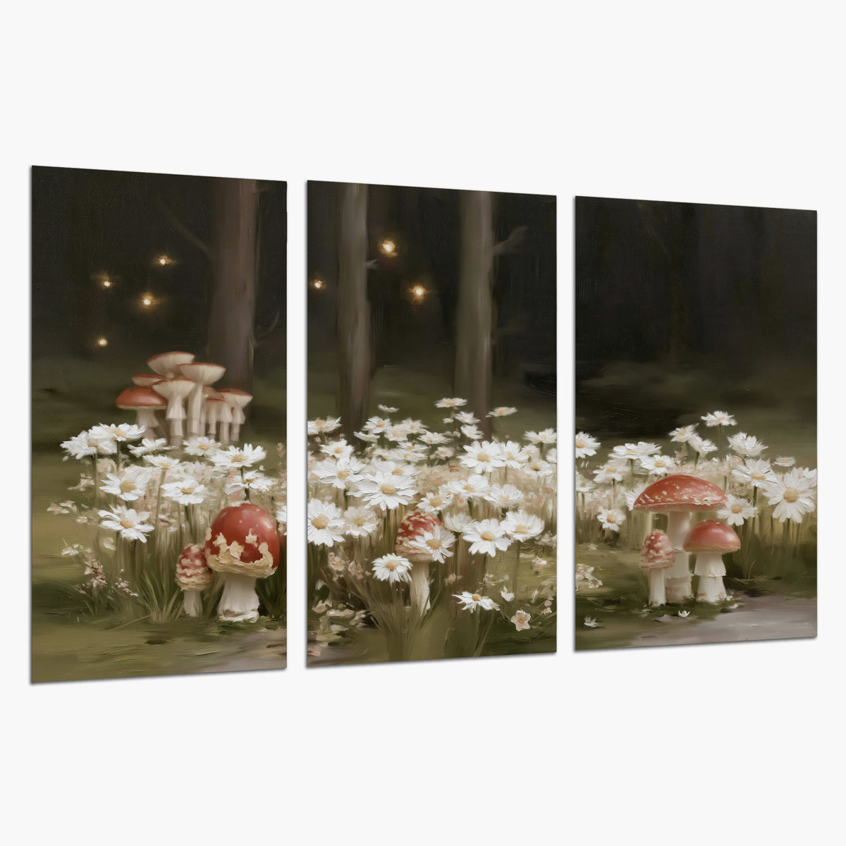 Pale daisies and red-capped mushrooms in a dark meadow with tiny painted points of light set of 3 poster prints on a white background