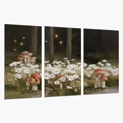 Pale daisies and red-capped mushrooms in a dark meadow with tiny painted points of light set of 3 poster prints on a white background