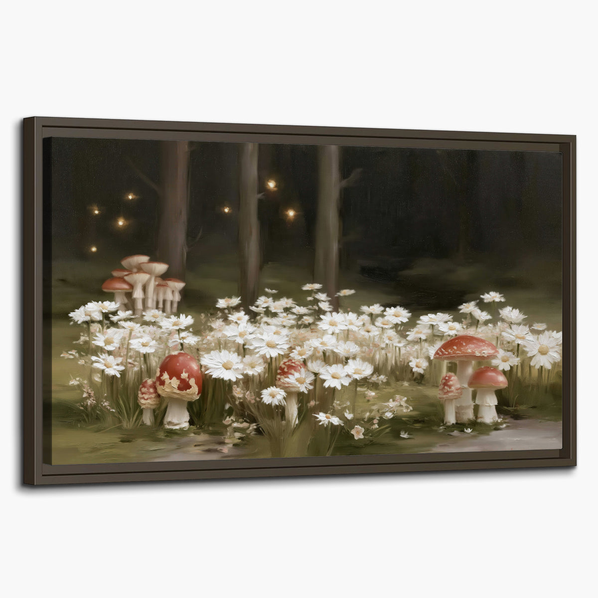 Pale daisies and red-capped mushrooms in a dark meadow with tiny painted points of light single framed canvas wall art on a white background