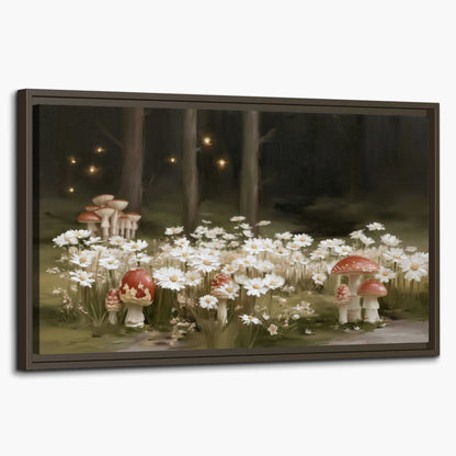 Pale daisies and red-capped mushrooms in a dark meadow with tiny painted points of light single framed canvas wall art on a white background