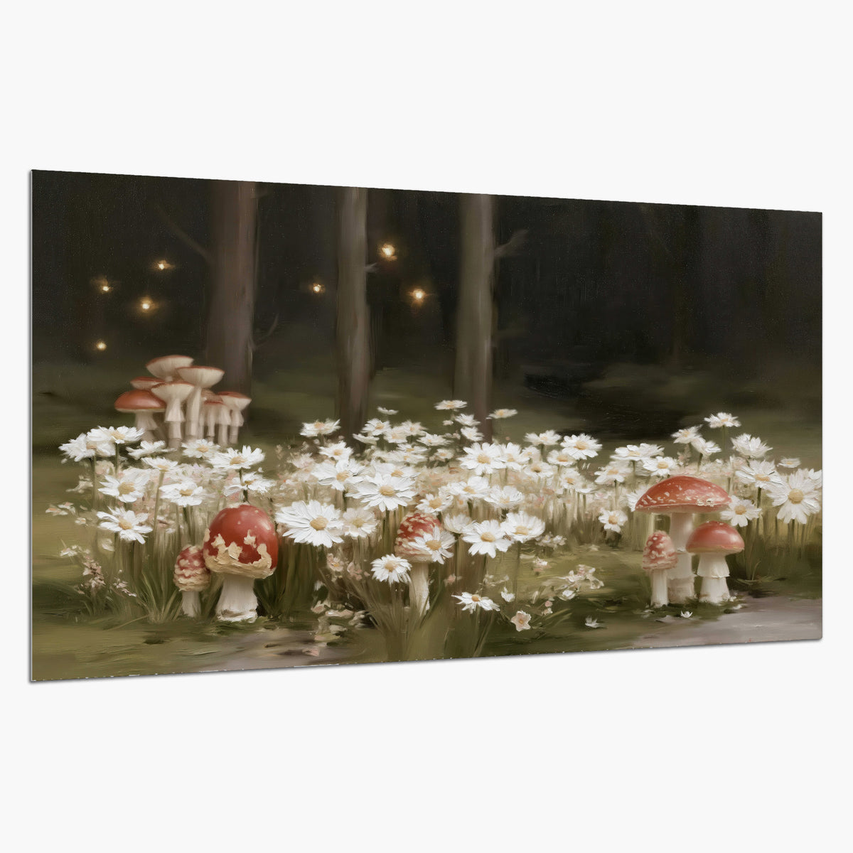Pale daisies and red-capped mushrooms in a dark meadow with tiny painted points of light single poster print on a white background